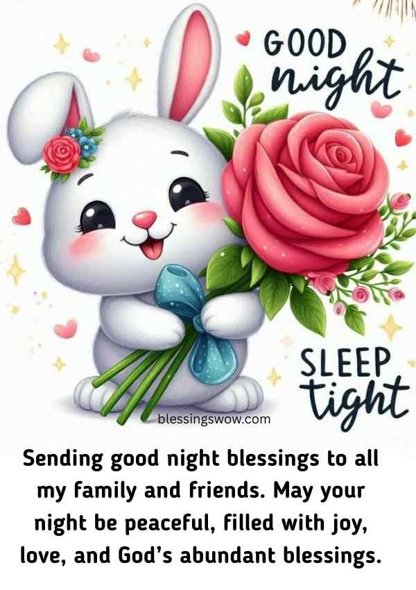 Cute bunny wish good night with flowers in the background